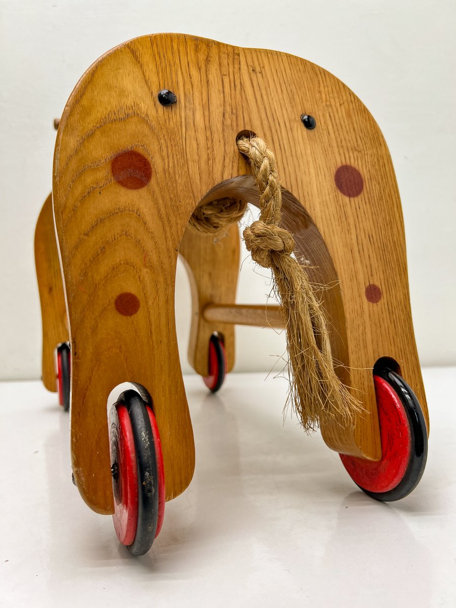 Vintage Wooden Childs Toy Dog on Wheels, 1960s