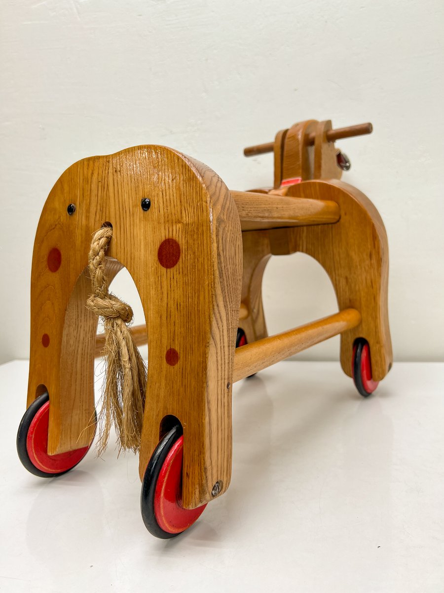 Vintage Wooden Childs Toy Dog on Wheels, 1960s