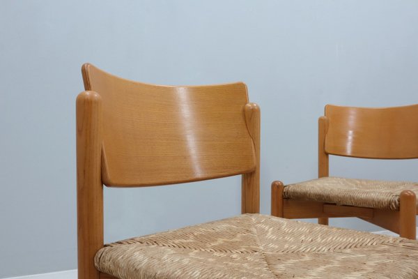 Vintage Wooden Dining Chairs with Straw Seat, 1970s, Set of 4-ZQ-2022567