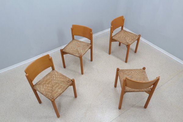 Vintage Wooden Dining Chairs with Straw Seat, 1970s, Set of 4-ZQ-2022567