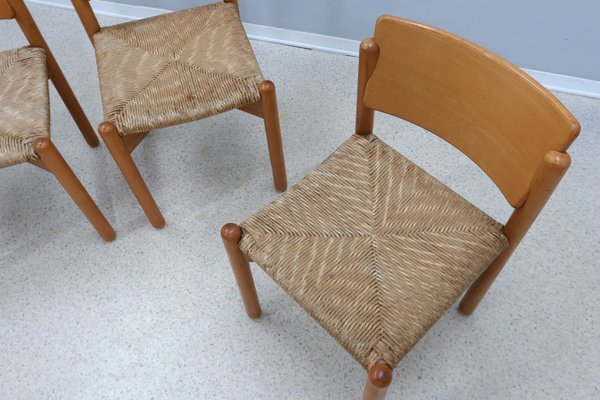 Vintage Wooden Dining Chairs with Straw Seat, 1970s, Set of 4-ZQ-2022567