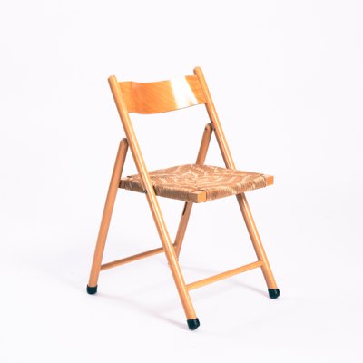 Vintage Wooden Folding Chairs with Rush Seats, Set of 3-NQU-1397153