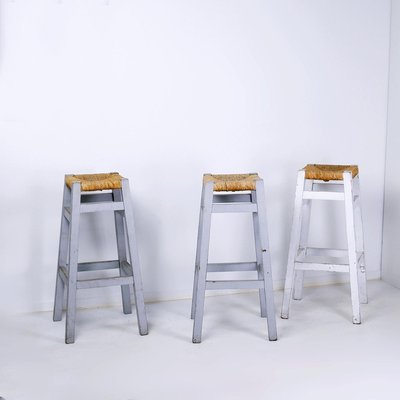 Vintage Wooden Framed Rush Seat Bar Stools, Set of 3-NYF-2019056