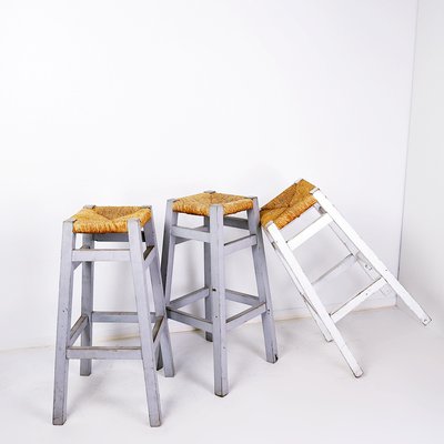 Vintage Wooden Framed Rush Seat Bar Stools, Set of 3-NYF-2019056