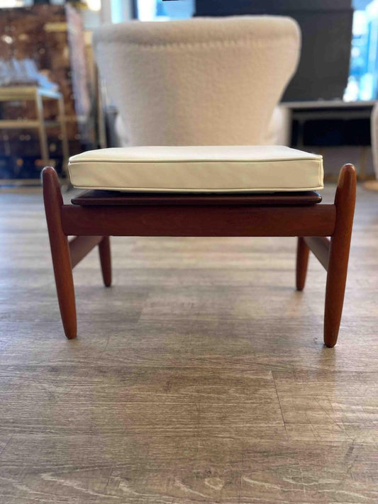 Vintage Wooden Pouf with White Leather Cushion, 1960