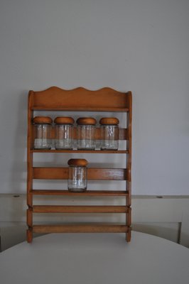 Vintage Wooden Spice Rack with Glass Bottles, Set of 6-OXJ-1764776