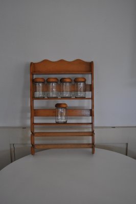 Vintage Wooden Spice Rack with Glass Bottles, Set of 6-OXJ-1764776