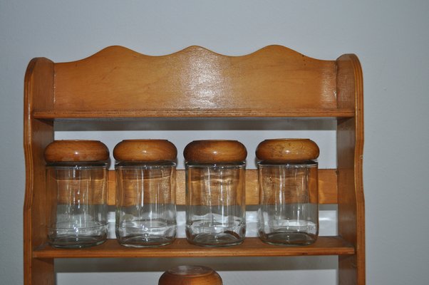 Vintage Wooden Spice Rack with Glass Bottles, Set of 6-OXJ-1764776