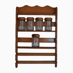 Vintage Wooden Spice Rack with Glass Bottles, Set of 6-OXJ-1764776