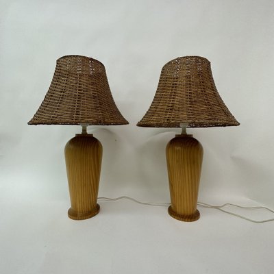 Vintage Wooden Table Lamps with Rattan Shade from Ikea, 1980s, Set of 2-BGP-1697247