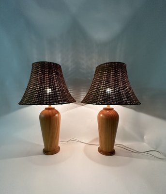 Vintage Wooden Table Lamps with Rattan Shade from Ikea, 1980s, Set of 2-BGP-1697247