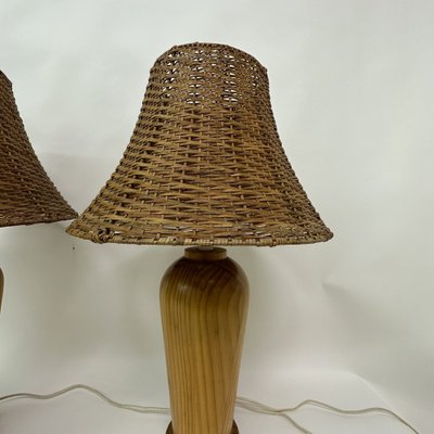 Vintage Wooden Table Lamps with Rattan Shade from Ikea, 1980s, Set of 2-BGP-1697247