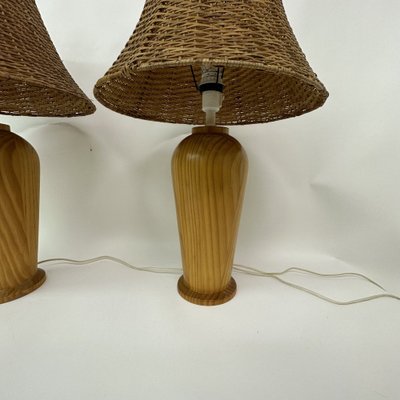 Vintage Wooden Table Lamps with Rattan Shade from Ikea, 1980s, Set of 2-BGP-1697247