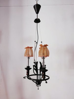 Vintage Wrought Iron Chandelier with Beaded Lampshades-QLH-819786