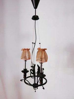 Vintage Wrought Iron Chandelier with Beaded Lampshades-QLH-819786