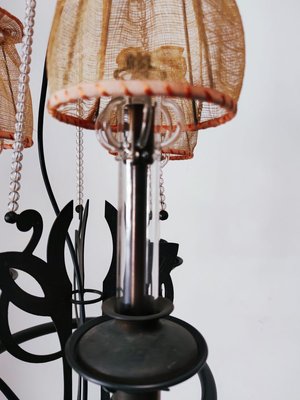 Vintage Wrought Iron Chandelier with Beaded Lampshades-QLH-819786