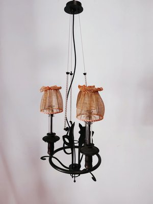 Vintage Wrought Iron Chandelier with Beaded Lampshades-QLH-819786