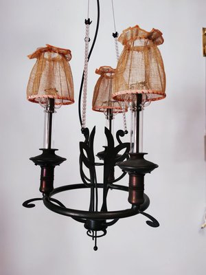 Vintage Wrought Iron Chandelier with Beaded Lampshades-QLH-819786