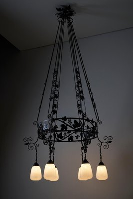 Vintage Wrought Iron Chandelier with Wine Leaves, 1920s-POG-1724495