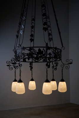 Vintage Wrought Iron Chandelier with Wine Leaves, 1920s-POG-1724495