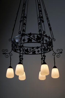 Vintage Wrought Iron Chandelier with Wine Leaves, 1920s-POG-1724495