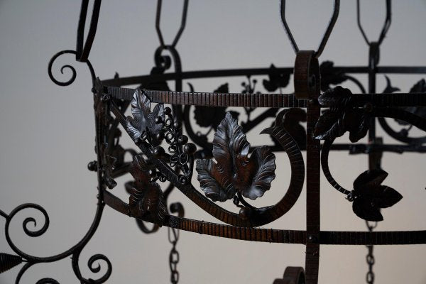 Vintage Wrought Iron Chandelier with Wine Leaves, 1920s-POG-1724495