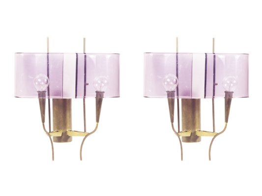 Violet Acrylic Glass & Brass Wall Sconces from Stilux Milano, 1960s, Set of 2-RD-1779981