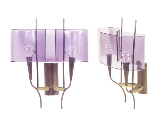 Violet Acrylic Glass & Brass Wall Sconces from Stilux Milano, 1960s, Set of 2-RD-1779981