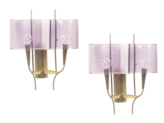 Violet Acrylic Glass & Brass Wall Sconces from Stilux Milano, 1960s, Set of 2-RD-1779981