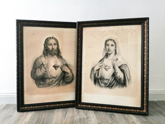 Virgin Mary and Jesus, Large Engravings, 19th Century, Set of 2-FW-1793813