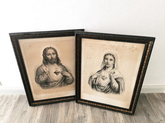 Virgin Mary and Jesus, Large Engravings, 19th Century, Set of 2-FW-1793813