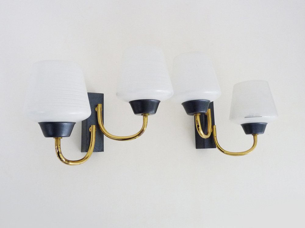 Vntage Brass Wall Lights with Glass Globe from Maison Arlus, 1950s