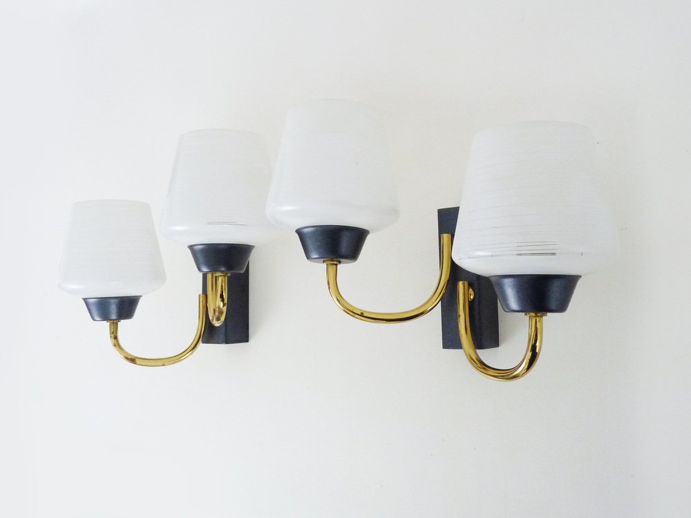 Vntage Brass Wall Lights with Glass Globe from Maison Arlus, 1950s