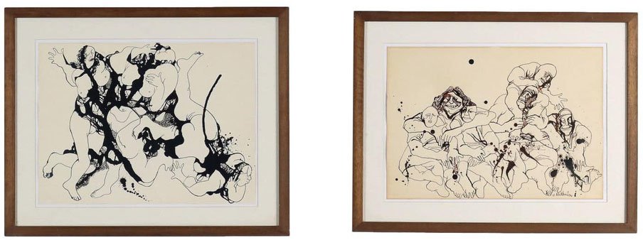 Vyacheslav Sawich Mikhailov, Figurative Compositions, Late 20th or Early 21st Century, Ink on Paper, Framed, Set of 2-VMM-1310110