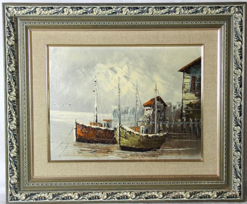 W. Jones, Winter in Port, 20th-Century, Oil on Plywood, Framed-ZYI-1338372