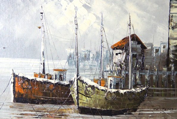 W. Jones, Winter in Port, 20th-Century, Oil on Plywood, Framed-ZYI-1338372