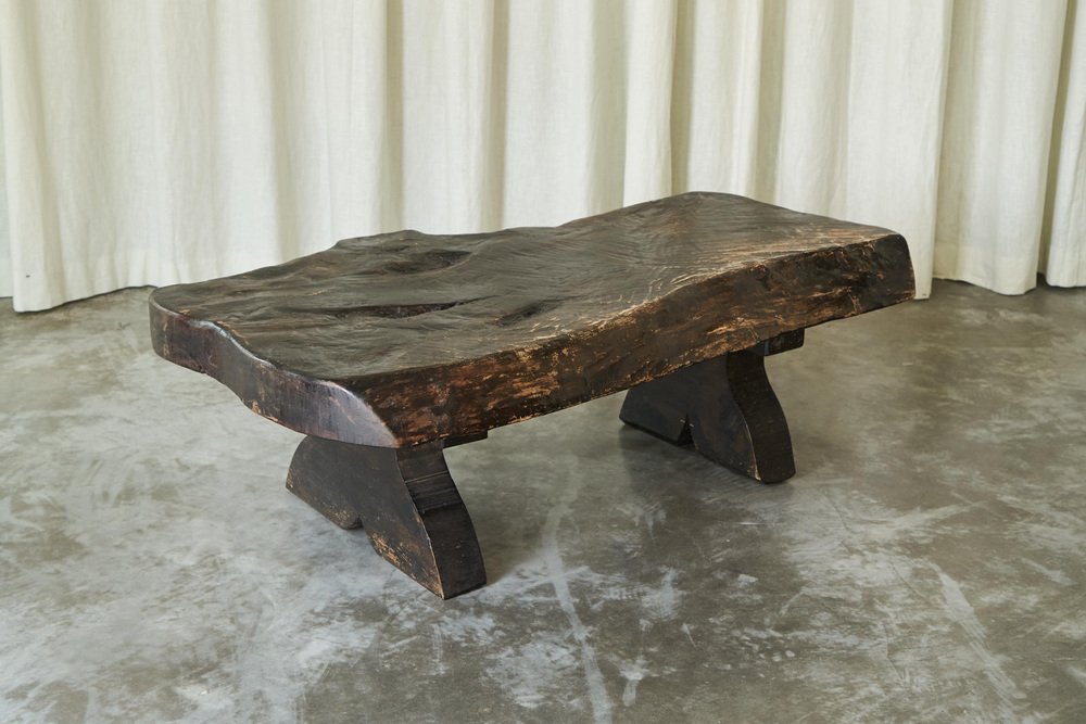 Wabi Sabi Live Edge Coffee Table in Dark Stained Wood, 1940s