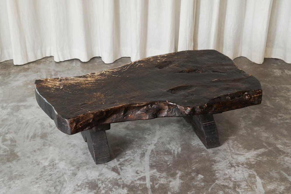 Wabi Sabi Live Edge Coffee Table in Dark Stained Wood, 1940s