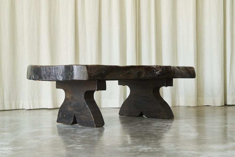 Wabi Sabi Live Edge Coffee Table in Dark Stained Wood, 1940s