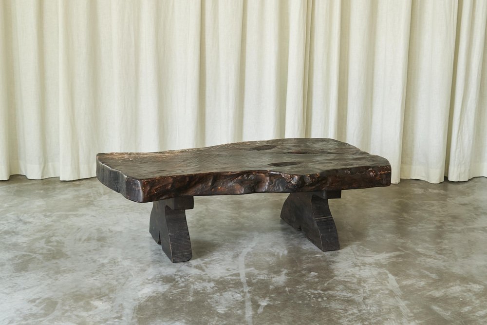 Wabi Sabi Live Edge Coffee Table in Dark Stained Wood, 1940s