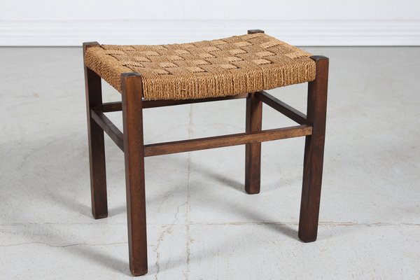 Wabi Sabi Stool in Dark Stained Wood with Plaited Cord, 1950s-QQ-1796485