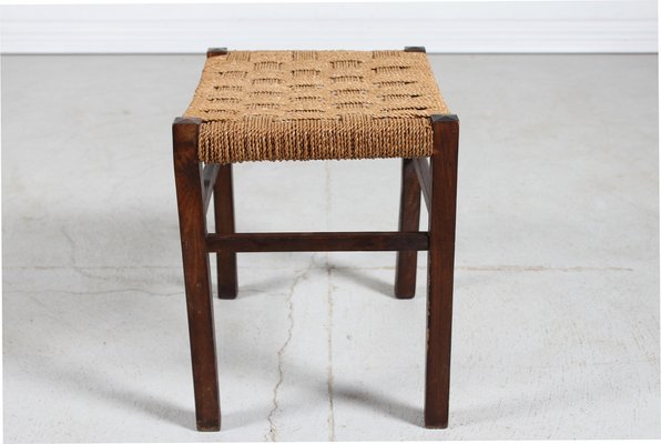 Wabi Sabi Stool in Dark Stained Wood with Plaited Cord, 1950s-QQ-1796485