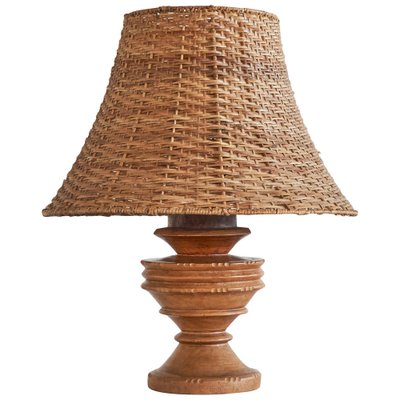 Wabi-Sabi Table Lamp in Turned and Carved Wood with Rattan Shade, 1920s-LPQ-1799946