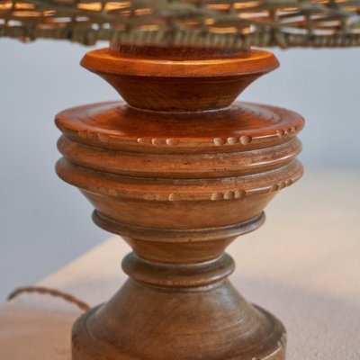 Wabi-Sabi Table Lamp in Turned and Carved Wood with Rattan Shade, 1920s-LPQ-1799946