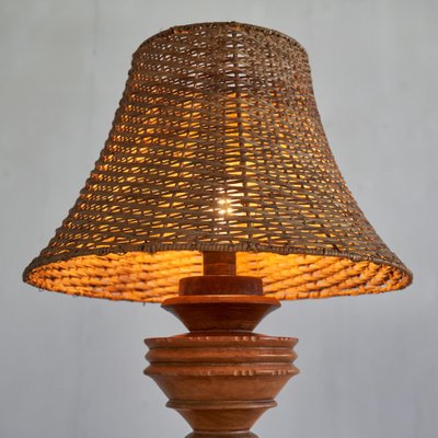 Wabi-Sabi Table Lamp in Turned and Carved Wood with Rattan Shade, 1920s-LPQ-1799946