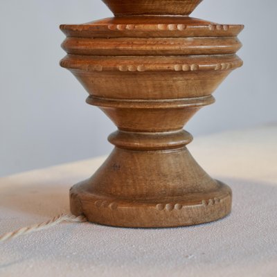 Wabi-Sabi Table Lamp in Turned and Carved Wood with Rattan Shade, 1920s-LPQ-1799946