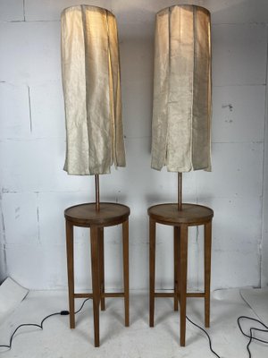 Wabi Sabi Teak and Copper Floor Lamps with Silk Shades attributed to Jan Des Bouvrie, Dutch, 1990s, Set of 2-BHG-1741686