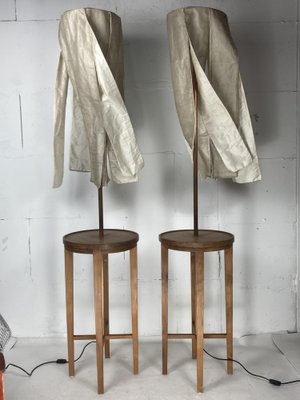 Wabi Sabi Teak and Copper Floor Lamps with Silk Shades attributed to Jan Des Bouvrie, Dutch, 1990s, Set of 2-BHG-1741686