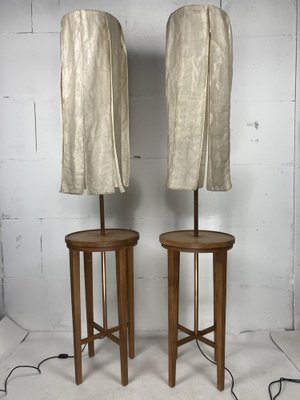 Wabi Sabi Teak and Copper Floor Lamps with Silk Shades attributed to Jan Des Bouvrie, Dutch, 1990s, Set of 2-BHG-1741686