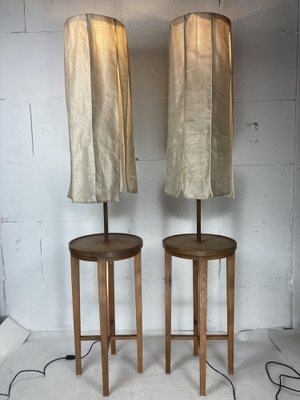 Wabi Sabi Teak and Copper Floor Lamps with Silk Shades attributed to Jan Des Bouvrie, Dutch, 1990s, Set of 2-BHG-1741686